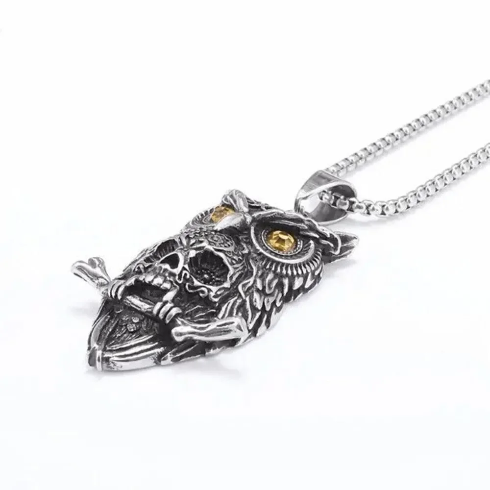 Stainless Steel Gothic Owl Skull Pendant Necklace